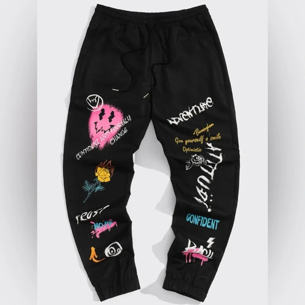Expression & Letter Graphic Drawstring Waist Pants - Picture 1 of 3